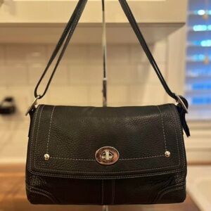 Coach Hamilton Black Pebbled Leather Flap Turnlock Shoulderbag
